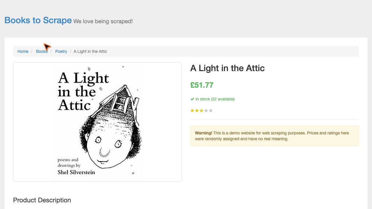 The "A Light in the Attic | Books to Scrape - Sandbox" page as scanned
