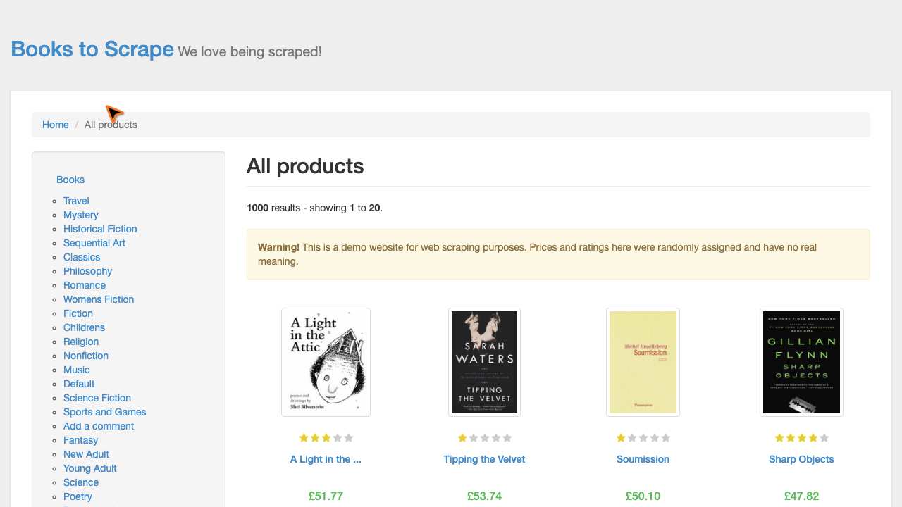 The "All products | Books to Scrape - Sandbox" page as scanned