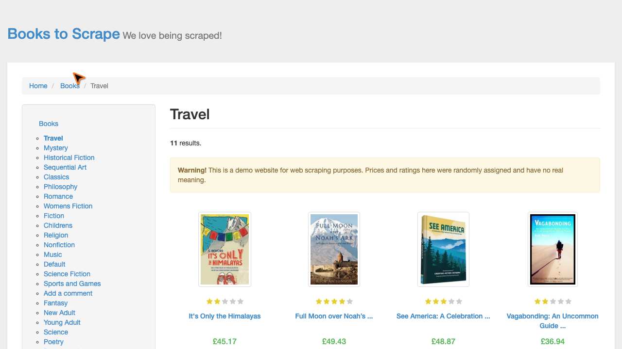 The "Travel | Books to Scrape - Sandbox" page as scanned