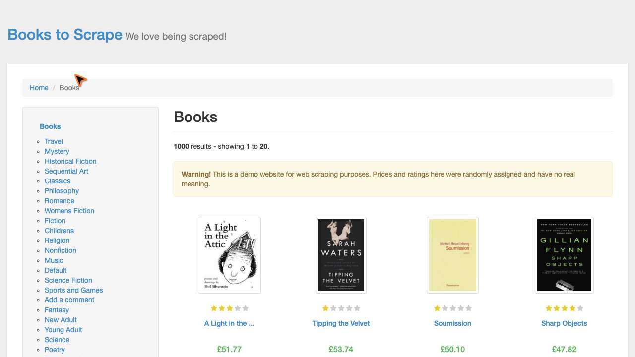 The "Books | Books to Scrape - Sandbox" page as scanned